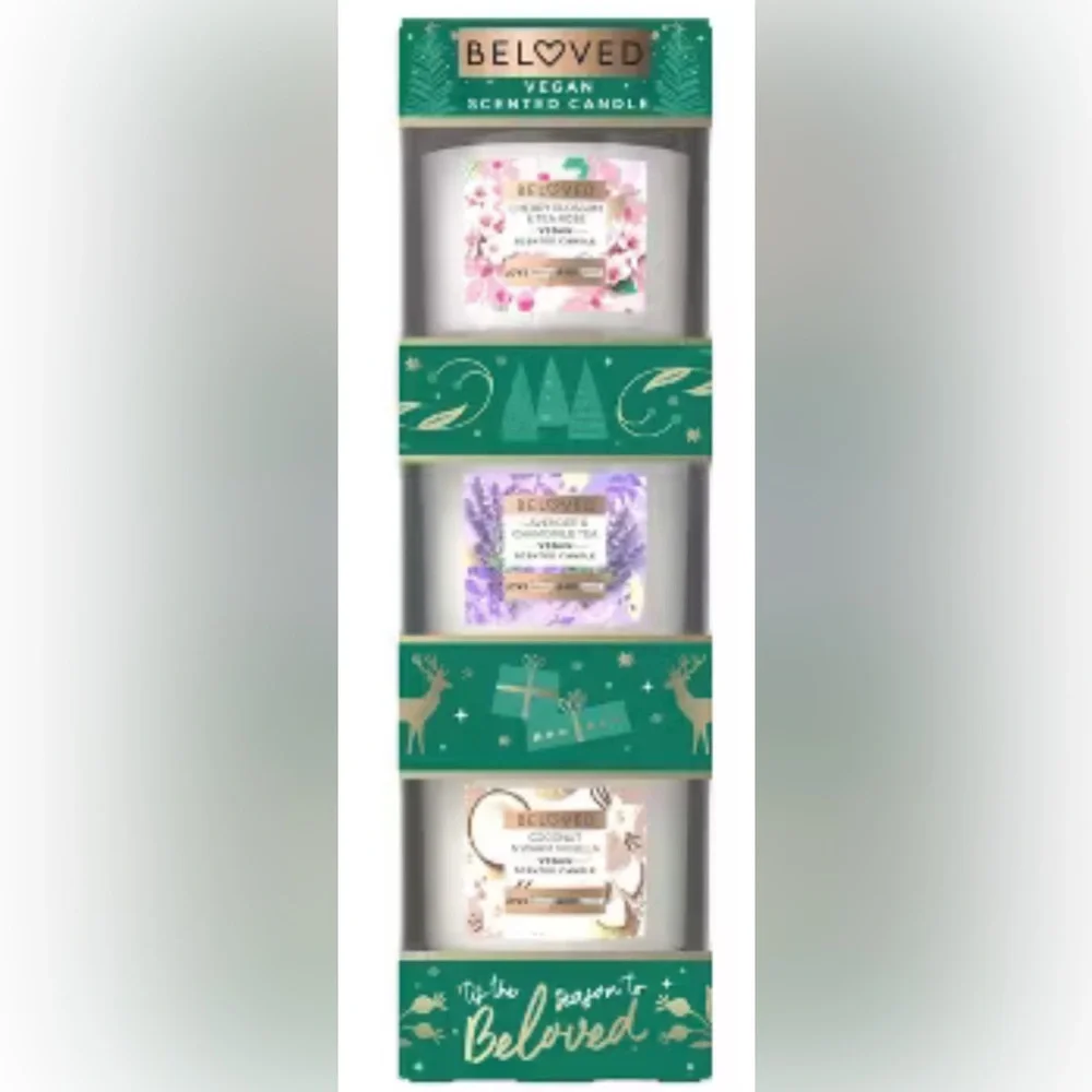 BELOVED NWT 3pc vegan scented glass candle set -4oz ea